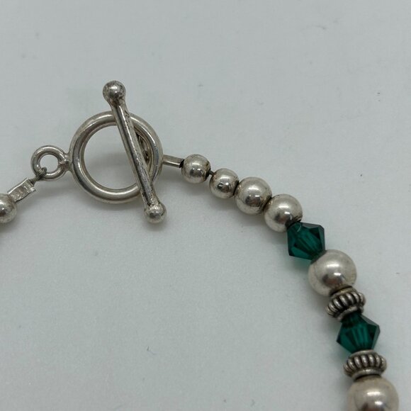 Artisan Sterling Silver Bracelet Green Crystal Bead Toggle Clasp 6.5" 10 grams - Picture 7 of 15